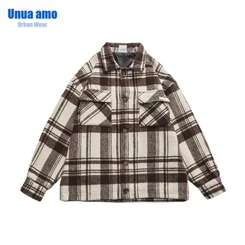 Весна-осень, Клетчатая рубашка с декоративным карманом в клетку, японская повседневная молодежная куртка Harajuku, популярное мужское пальто 8