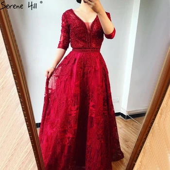 Вечерние платья дубайского дизайна А-силуэта винно-красного цвета 2023, роскошное вечернее платье с V-образным вырезом и кристаллами, длинное вечернее платье Serene Hill LA70621 4