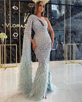 Вечерние платья с бисером, блестками и пером на одно плечо 2020, арабское платье для выпускного вечера с открытой спиной, вечернее платье коктейльные платья 1