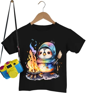 Винтажная детская одежда для кемпинга, акварельные футболки с животными и пингвинами для детей Y2k, футболки с короткими рукавами для мальчиков и девочек, цветные дрова