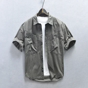 Винтажная мужская повседневная рубашка Amikaki с короткими рукавами, летняя однотонная впитывающая ткань, продается Цветная рубашка-карго с большим карманом, мужская 15