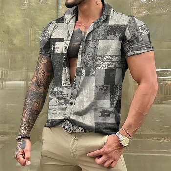 Винтажная мужская рубашка с гавайским 3D принтом в полоску, блузка с коротким рукавом, футболки для пляжного отдыха, Топы, негабаритная мужская одежда, рубашка в клетку 8