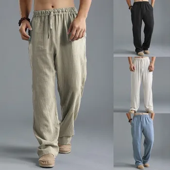 Винтажные льняные брюки для мужчин, летние свободные прямые брюки-труба, брюки в пол, повседневные брюки из хлопка и льна 6
