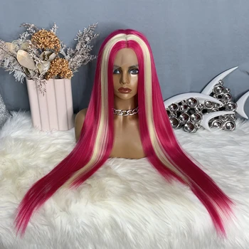 Выделите Розовый 30-дюймовый прямой синтетический парик с кружевом спереди размером 13х4 см, прозрачные предварительно выщипанные парики Трансвеститов для женщин 180% 10