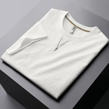 Высококачественная летняя повседневная мужская футболка на молнии с круглым вырезом, трендовый жаккард, корейская версия, дышащий шелк льда с коротким рукавом