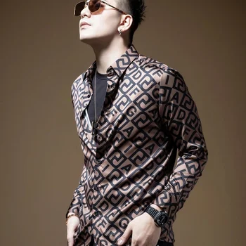 высококачественная мужская осенняя роскошная повседневная рубашка с алфавитом и длинным рукавом в корейском стиле, красивый
