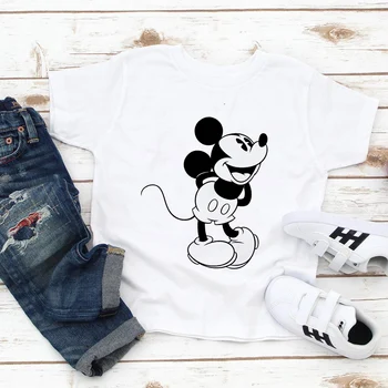 Высококачественная футболка Disney Child с мультяшным принтом Микки, минималистичная детская футболка с коротким рукавом, трендовая белая летняя популярная одежда 18