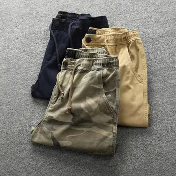 Высококачественные мужские прямые шорты-карго с эластичной резинкой на талии, свободные повседневные хлопчатобумажные камуфляжные брюки с несколькими карманами 3