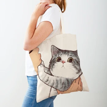 Двусторонняя сумка для покупок с забавным мультяшным котом, повседневная женская сумка для покупок, многоразовое использование, милые домашние животные, холщовая женская сумка-тоут для ребенка 5