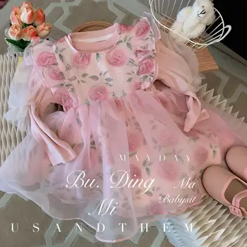 Девочки Весна Осень, Лето, Розовые розы платья+трикотаж 2шт костюм мода девушка Дети день рождения принцессы одежда наборы