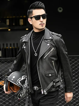 Демисезонная короткая крутая Черная кожаная байкерская куртка Мужская на молнии с длинным рукавом и поясом больших размеров Кожаные куртки европейского модного бренда 5