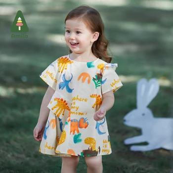 Детские платья Amila для девочек, платье 2023, Летнее Новое милое детское платье с рисунком динозавра из 100% хлопка для девочек, необычная детская одежда 6