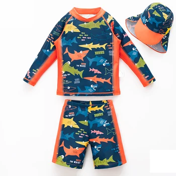 Детский купальник с рисунком мальчика Акулы и мультяшным принтом, комплект из 3 предметов, купальники, Солнцезащитный крем, брюки с завязками, купальник с длинными рукавами 3