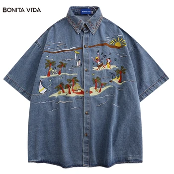 Джинсовая рубашка Harajuku Y2K С вышивкой Кокосовой пальмы Джинсовые рубашки с коротким рукавом пальто Летняя мода Хип-хоп Хлопковые Свободные синие топы 4