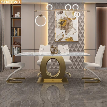 Дизайнерская роскошная столовая из мраморной плиты с обеденным столом на 4 6 стульев mesa de jantar tavoli marbre с золотой основой из нержавеющей стали 1