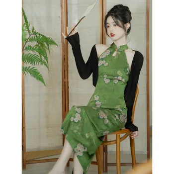 Длинная юбка Новый Китайский Зеленый Классический Чонсам с разрезом, Новинка 2023 года, Дзен Темперамент, Висячая шея, платье для пожилых Людей, женское платье