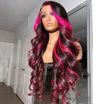 Длинный кружевной парик с объемной волной Спереди, Розовая подсветка, Черные синтетические парики, предварительно выщипанные, Медовый Блонд / Серый парик для женщин 1