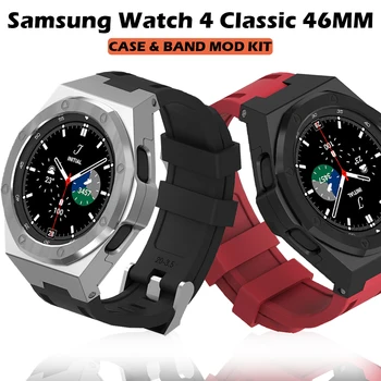 Для Samsung Galaxy Watch 4 Classic 46 мм 5 Pro 45 мм 4/5 44 мм Комплект для модификации аксессуаров из нержавеющей стали и каучукового ремешка 5