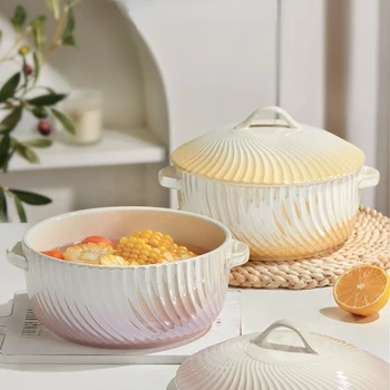 Европейская керамическая миска с двумя ушками Senior Sense Бытовая Большая миска с крышкой, миска для лапши, Кухонная посуда, миски для супа 1