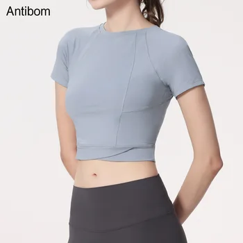 Женская быстросохнущая одежда для бега Antibom, Спортивная футболка с короткими рукавами, Облегающий топ для йоги для похудения 13