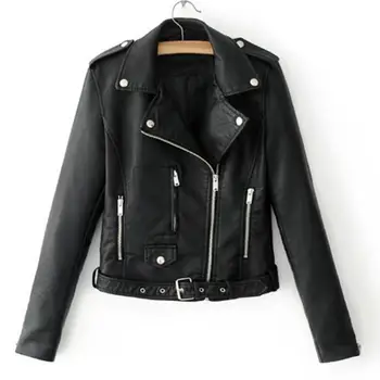 Женская кожаная мотоциклетная куртка с длинным рукавом и лацканами, карман на молнии и пуговицах, короткое пальто 15