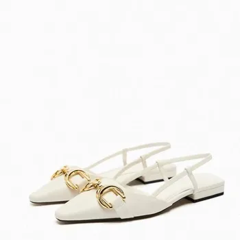 Женская обувь на плоской подошве TRAF ZA 2023, Летние белые металлические украшения, Женские туфли-лодочки с острым носком, Сандалии, Модная обувь на низком каблуке