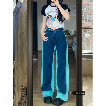 Женская одежда 2023, Новые Модные джинсы, синие джинсы в стиле пэчворк, Новый дизайн, Высокая талия, Свободные прямые брюки с широкими штанинами, 7