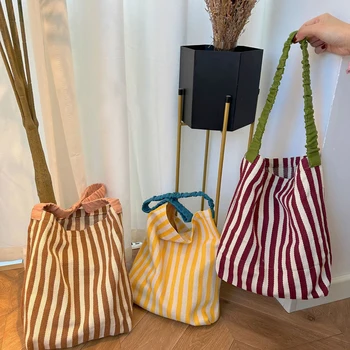 Женская полосатая сумка-тоут, дизайнерская женская повседневная холщовая сумка через плечо, хлопковая многоразовая пляжная сумка для покупок большой емкости 12