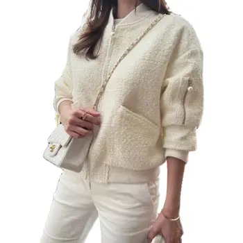 Женская твидовая шерстяная куртка с круглым вырезом и карманом на молнии, женское элегантное пальто из смесовой ткани с длинным рукавом 2023, весна-осень, новинка 4