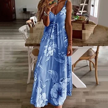 Женские летние длинные платья в стиле ретро с цветочным принтом в стиле бохо, пляжный сарафан, женское сексуальное платье на бретелях без рукавов с V-образным вырезом, Vestidos 16