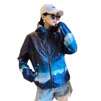 Женские солнцезащитные куртки с быстросохнущей защитой от ультрафиолета с капюшоном и принтом, Легкая уличная летняя солнцезащитная одежда, Женские ветровки 5XL 6