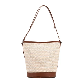 Женские тканые сумки-тоут, модная женская соломенная сумка через плечо в стиле пэчворк, Большая вместительность, простая прошивка из искусственной кожи, Летняя сумочка для покупок 8
