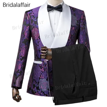 Замечательные новые дизайны, сшитый на заказ смокинг жениха, фиолетовый мужской костюм с цветочным принтом для свадьбы, мужские костюмы 2шт (куртка + черные брюки) 3
