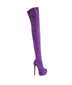Замшевые фиолетовые сапоги до бедра на платформе с круглым носком и очень высоком каблуке, женские зимние Сексуальные Модные длинные сапоги больших размеров 15