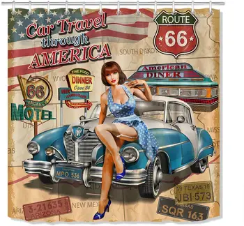 Занавеска для душа Route 66, современная занавеска для душа Hot Girl в стиле американского винтажного плаката 3
