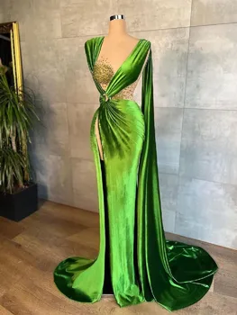 Зеленые бархатные вечерние платья с V-образным вырезом, бретельки без рукавов, расшитые бисером, Блестящие 3D Кружевные аппликации, платья для выпускного вечера с разрезом по бокам на заказ 6