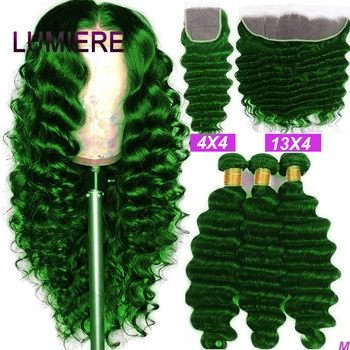 Зеленые свободные пучки с закрытием глубокой волны Пучки перуанских волос с закрытием Remy 100% Пучки человеческих волос с фронтальной 7