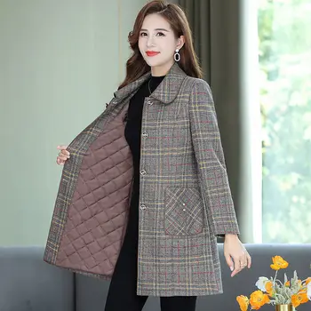 Зимняя женская повседневная куртка из смесовой шерсти, шерстяное пальто в клетку, Элегантная плотная верхняя одежда, женское кашемировое пальто с отложным воротником Y666 7
