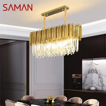 Золотая люстра SAMAN, хрустальный прямоугольный подвесной светильник, постмодернистский светодиодный светильник для дома, гостиной, столовой 7