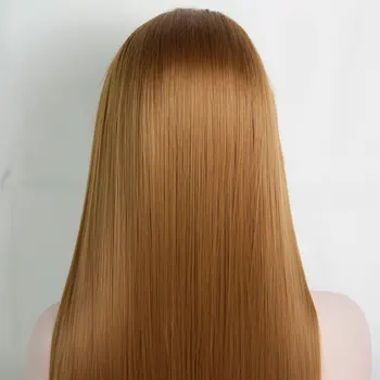 Золотисто-коричневый синтетический парик с кружевом спереди, Бесклеевые прямые волосы из термостойких волокон, естественный пробор посередине линии роста волос для женских париков 3