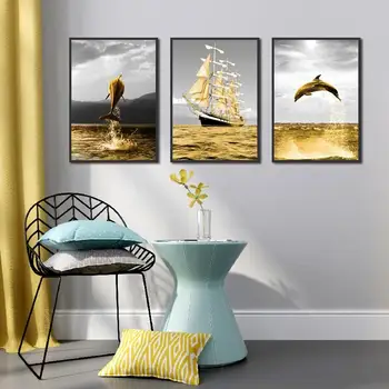 Золотой морской кит, парусник, океанские волны, гобелены на холсте, домашний декор для гостиной, спальни, офиса, принты плакатов в скандинавском стиле 9