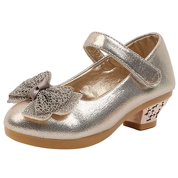Золотые туфли на высоком каблуке для девочек, весна 2023, новые детские розовые кожаные туфли принцессы, большие детские туфли с бантом для выступлений 3