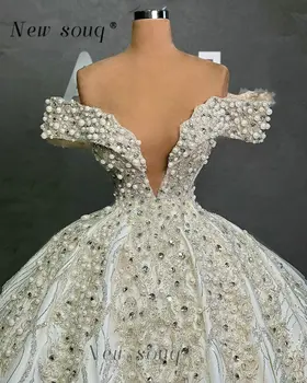 Изысканное Дубайское сексуальное бальное платье с открытыми плечами и глубоким V образным вырезом, свадебные платья, роскошные свадебные платья принцессы с жемчугом и стразами