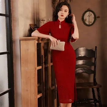 Изысканный Женский Ципао, Сексуальный кружевной халат с разрезом, Красное Винтажное вечернее платье-Чонсам, Китайская женская одежда для тостов 9