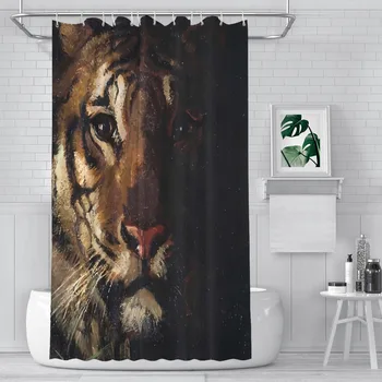 Картина Занавески для душа Tiger Animal Lover Водонепроницаемая ткань Забавный декор для ванной комнаты с крючками Аксессуары для дома 2