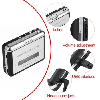 Кассетный проигрыватель USB-конвертер кассет в MP3, записывающий аудио, музыкальный проигрыватель, конвертирующий музыку на кассете в компьютер, ноутбук 4