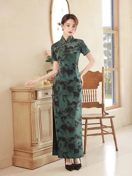 Китайский стиль, зеленый принт, воротник-стойка, Ципао, классический Женский Атласный Восточный Чонсам с коротким рукавом и высоким разрезом 5
