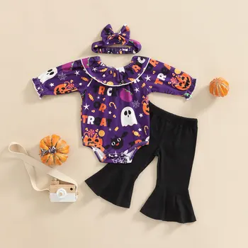 Комплекты одежды на Хэллоуин для маленьких девочек, комбинезон с принтом Призрачной тыквы с длинным рукавом + Черные расклешенные брюки + Костюмы с повязкой на голову 3