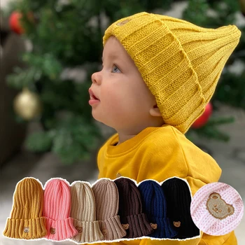 Корейская новая Детская шапка с вышивкой Мультяшного Медведя, мягкая теплая Детская шапка для мальчиков и девочек, Зимняя вязаная Детская шапка-бини, Капот gorras 4