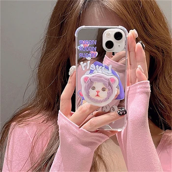 Корейская симпатичная 3D Шапочка для душа с Кошачьим кронштейном Зеркальный чехол для iPhone 14 13 12 11 Pro Max Эстетичный прекрасный защитный жесткий чехол Funda 4